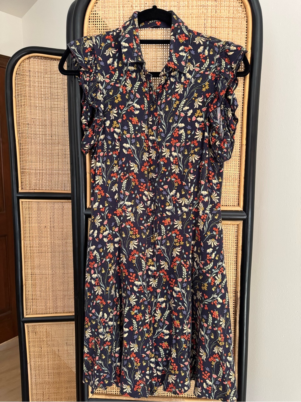 Zara Women’s Navy Floral Ruffle Sleeve Romper with Pockets